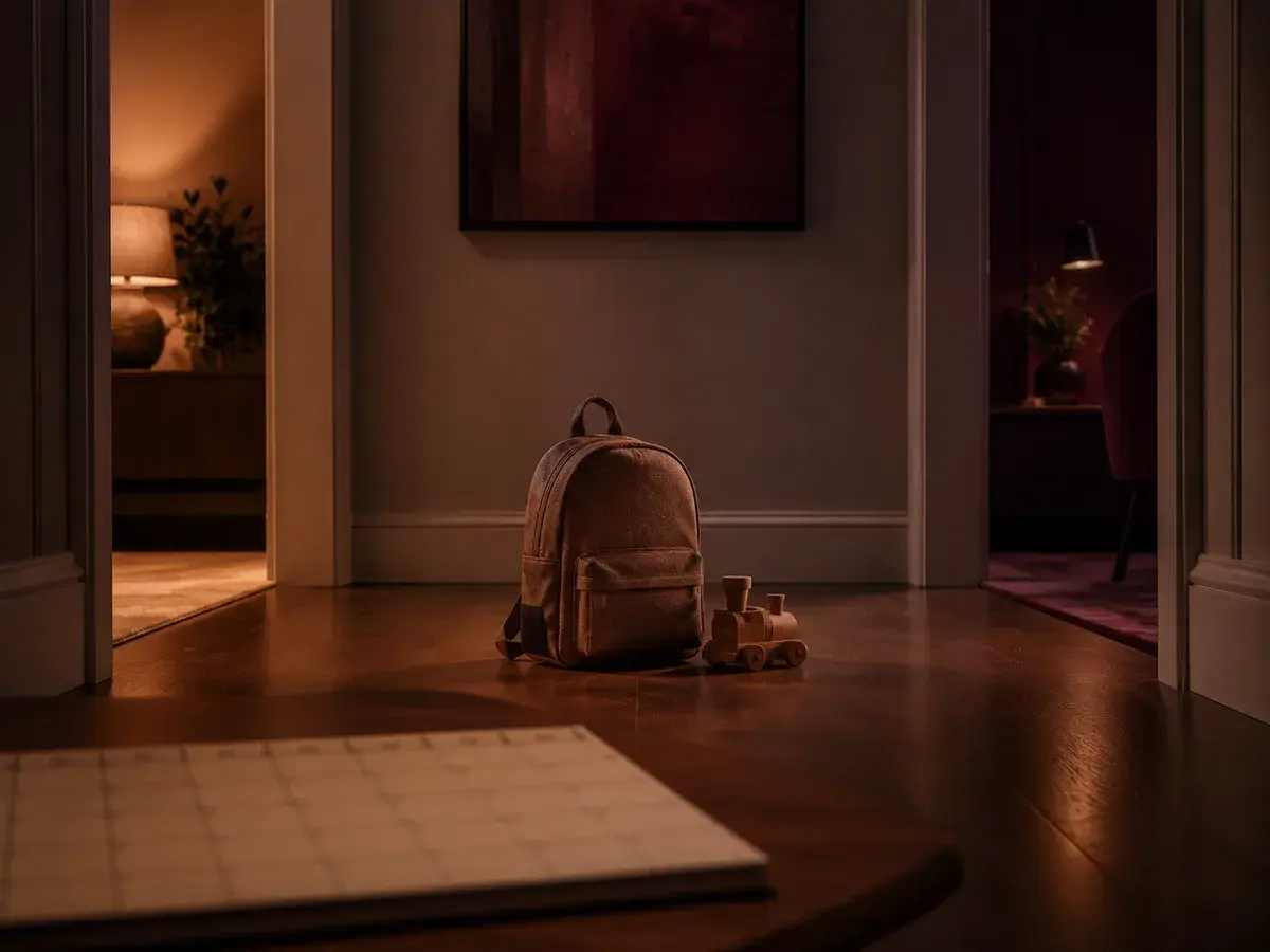 A child's backpack and toy train between two warmly lit rooms, with a calendar in the foreground.