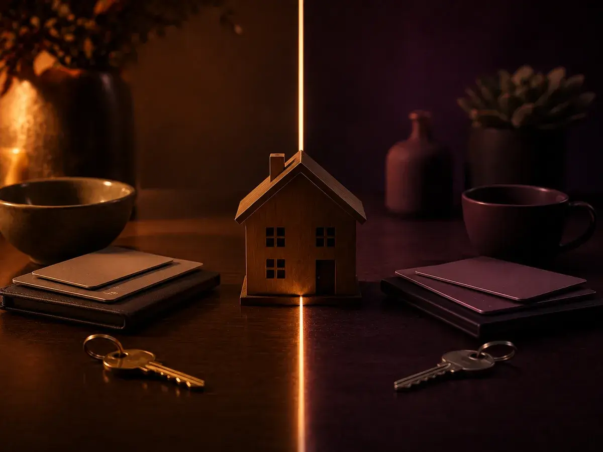 A small wooden house, keys and folders on a warm desk.