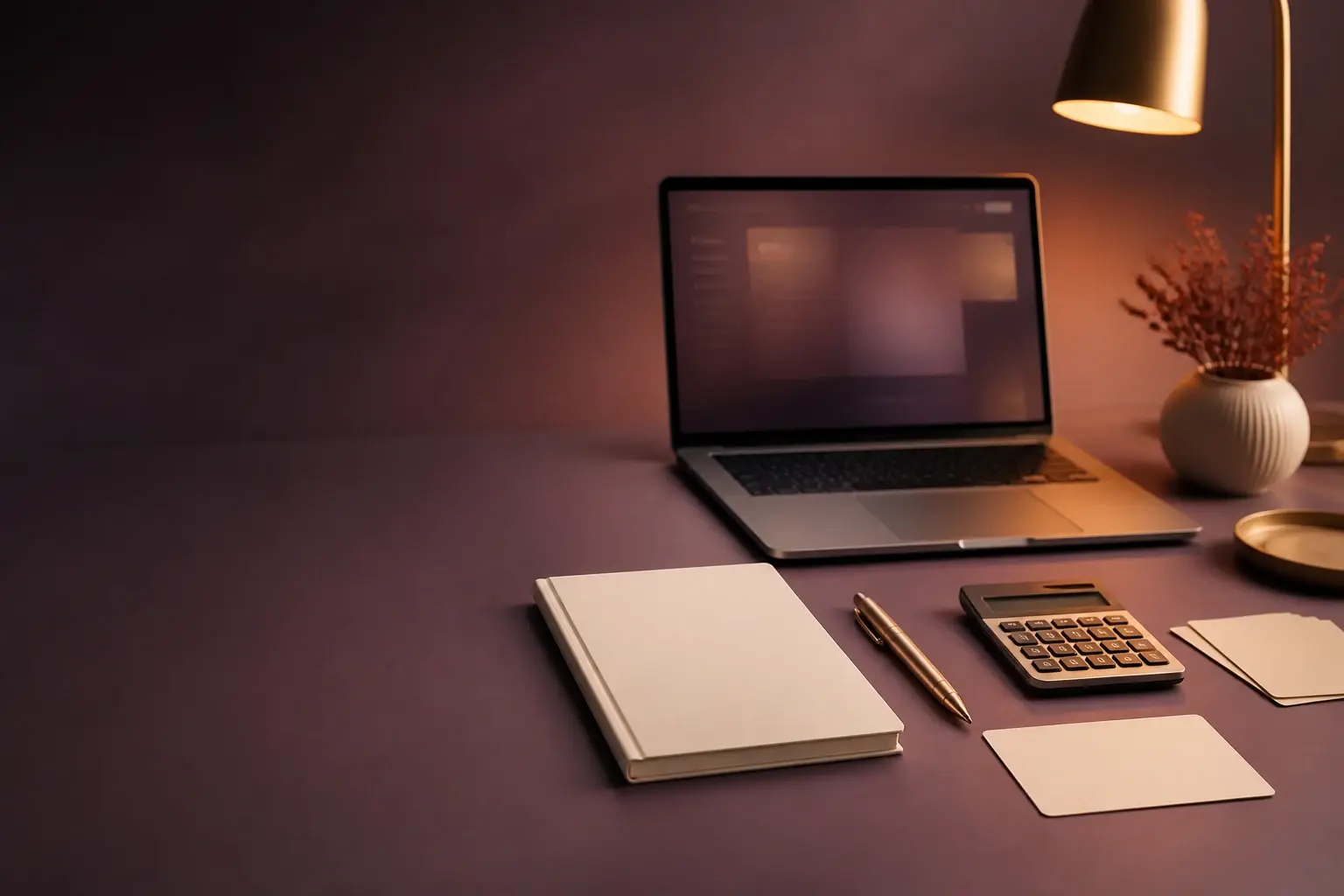 A desk with a laptop, notebook, and calculator under warm task lighting.