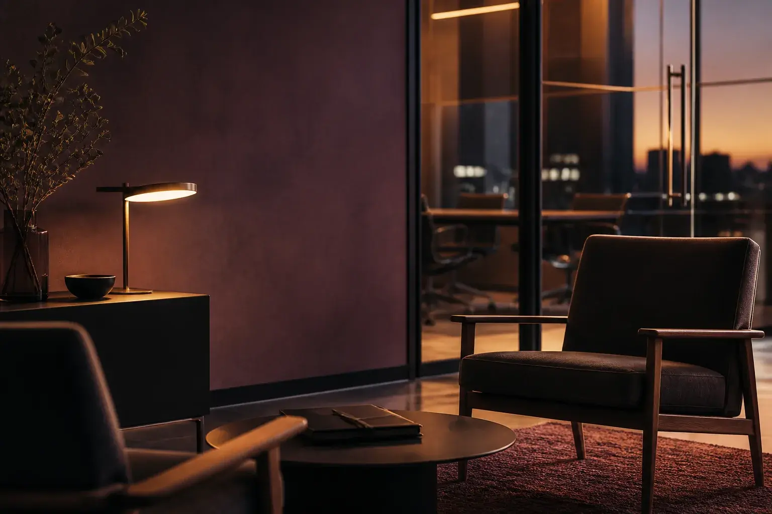 A quiet office seating area beside a glass-walled conference room at dusk.