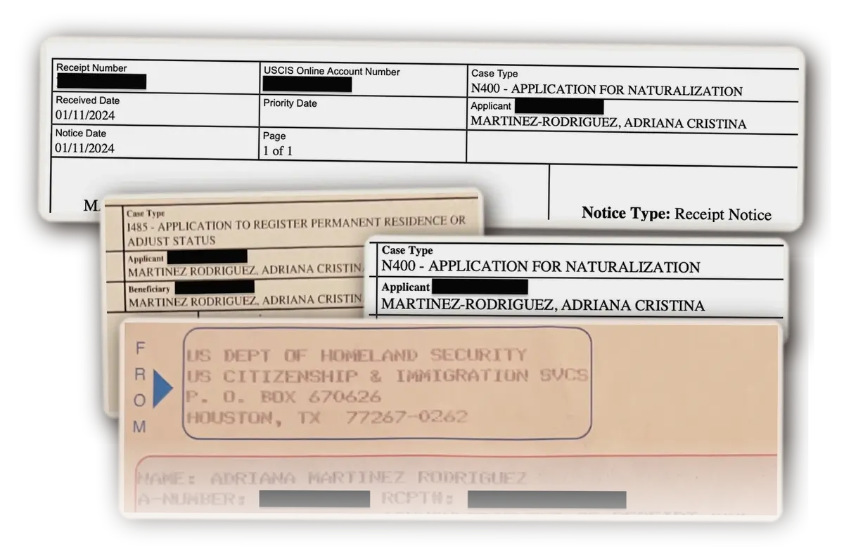 USCIS receipt notices for Dr. Martinez Rodriguez's own N-400 naturalization and I-485 permanent residence applications, with identifying numbers redacted.