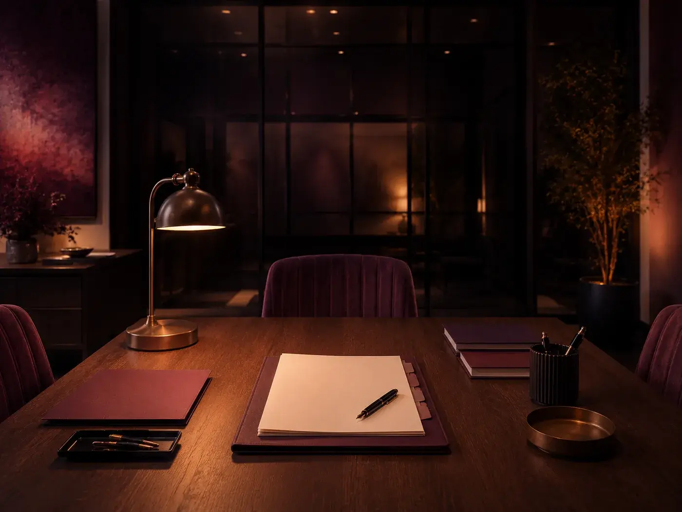 An open case file and pen centered on a warmly lit conference table.